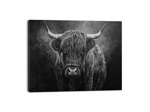 Moody black and white Highland cow canvas wall art for rustic modern office decor.