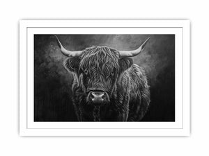 Moody black and white Highland cow canvas wall art for rustic modern office decor.