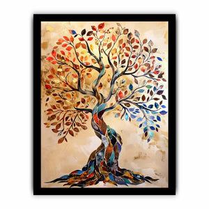Colorful mosaic tree canvas art with autumn leaves for elegant living room decor.