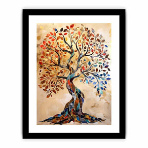 Colorful mosaic tree canvas art with autumn leaves for elegant living room decor.