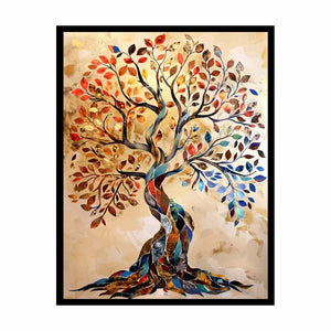 Colorful mosaic tree canvas art with autumn leaves for elegant living room decor.