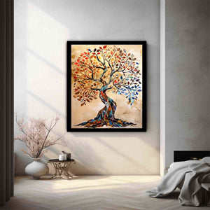Colorful mosaic tree canvas art with autumn leaves for elegant living room decor.
