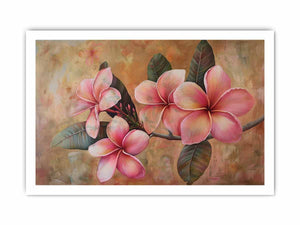 Pink plumeria floral canvas print for soft tropical bedroom wall decor.