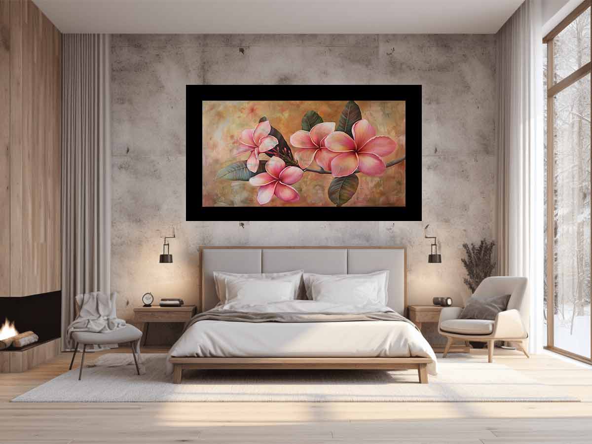 Pink plumeria floral canvas print for soft tropical bedroom wall decor.