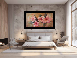 Pink plumeria floral canvas print for soft tropical bedroom wall decor.