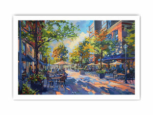 Colorful cafe street canvas art with trees and outdoor tables for modern living room decor.