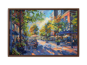 Colorful cafe street canvas art with trees and outdoor tables for modern living room decor.