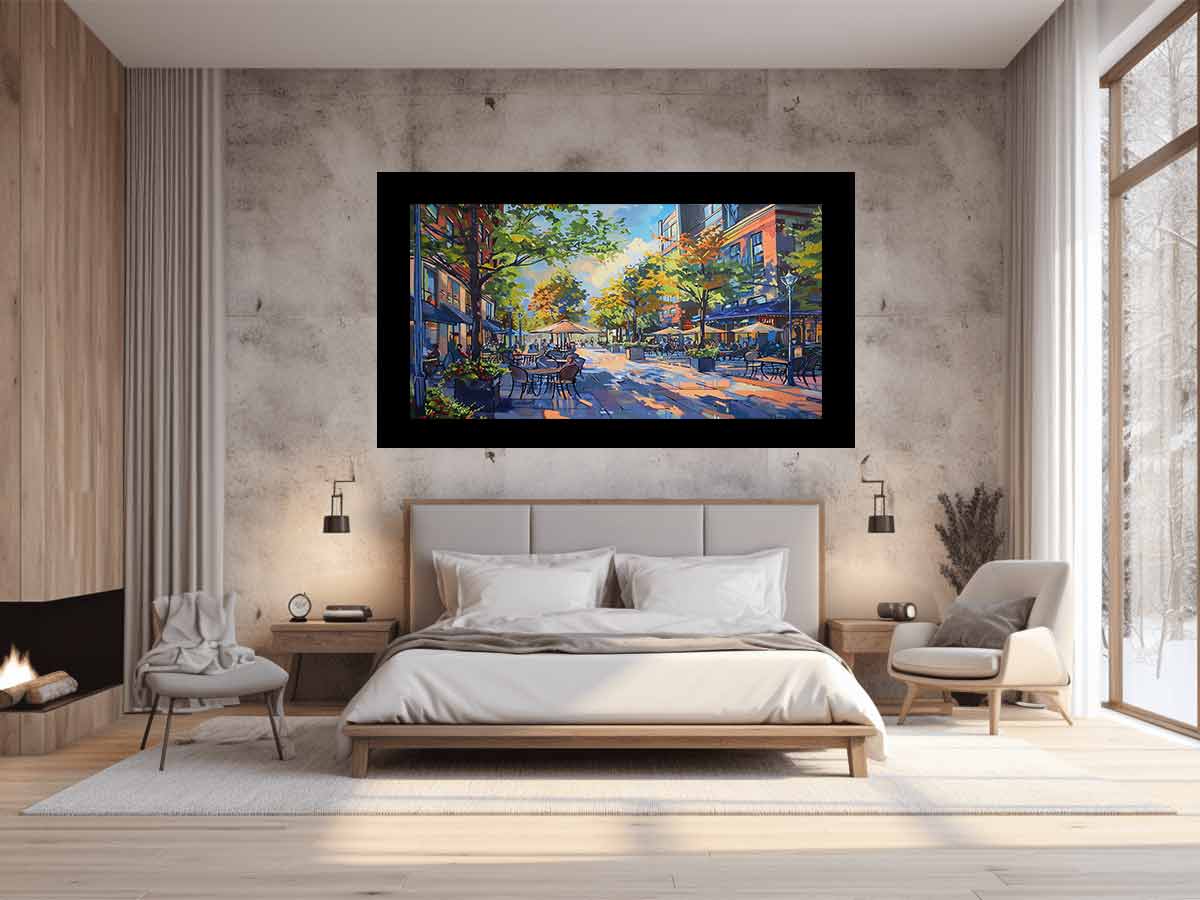 Colorful cafe street canvas art with trees and outdoor tables for modern living room decor.