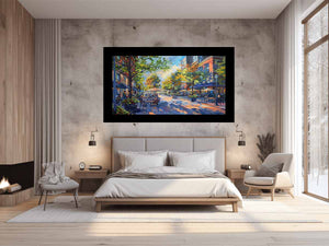 Colorful cafe street canvas art with trees and outdoor tables for modern living room decor.