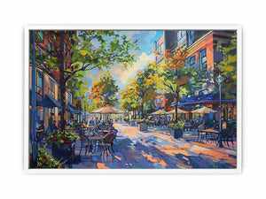 Colorful cafe street canvas art with trees and outdoor tables for modern living room decor.