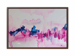 Pink and blue abstract canvas art with fluid watercolor movement for calm bedroom decor.