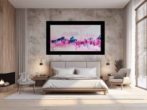 Pink and blue abstract canvas art with fluid watercolor movement for calm bedroom decor.