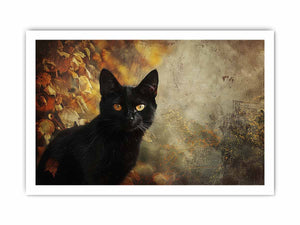 Black cat autumn canvas art with golden eyes and leaves for moody living room decor.