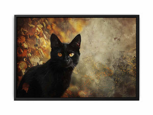 Black cat autumn canvas art with golden eyes and leaves for moody living room decor.