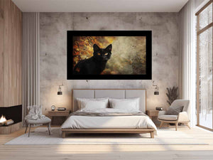 Black cat autumn canvas art with golden eyes and leaves for moody living room decor.