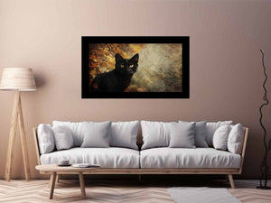 Black cat autumn canvas art with golden eyes and leaves for moody living room decor.