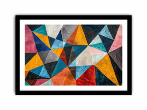 Colorful geometric abstract canvas art with triangles for bold modern living room decor.