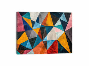 Colorful geometric abstract canvas art with triangles for bold modern living room decor.