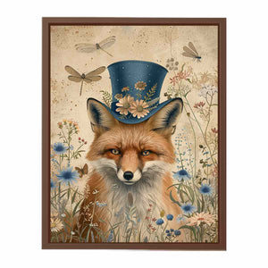 Whimsical fox canvas artwork with blue hat, flowers, and dragonflies for charming nursery decor.