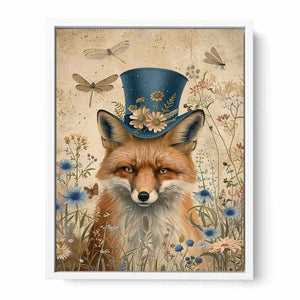 Whimsical fox canvas artwork with blue hat, flowers, and dragonflies for charming nursery decor.