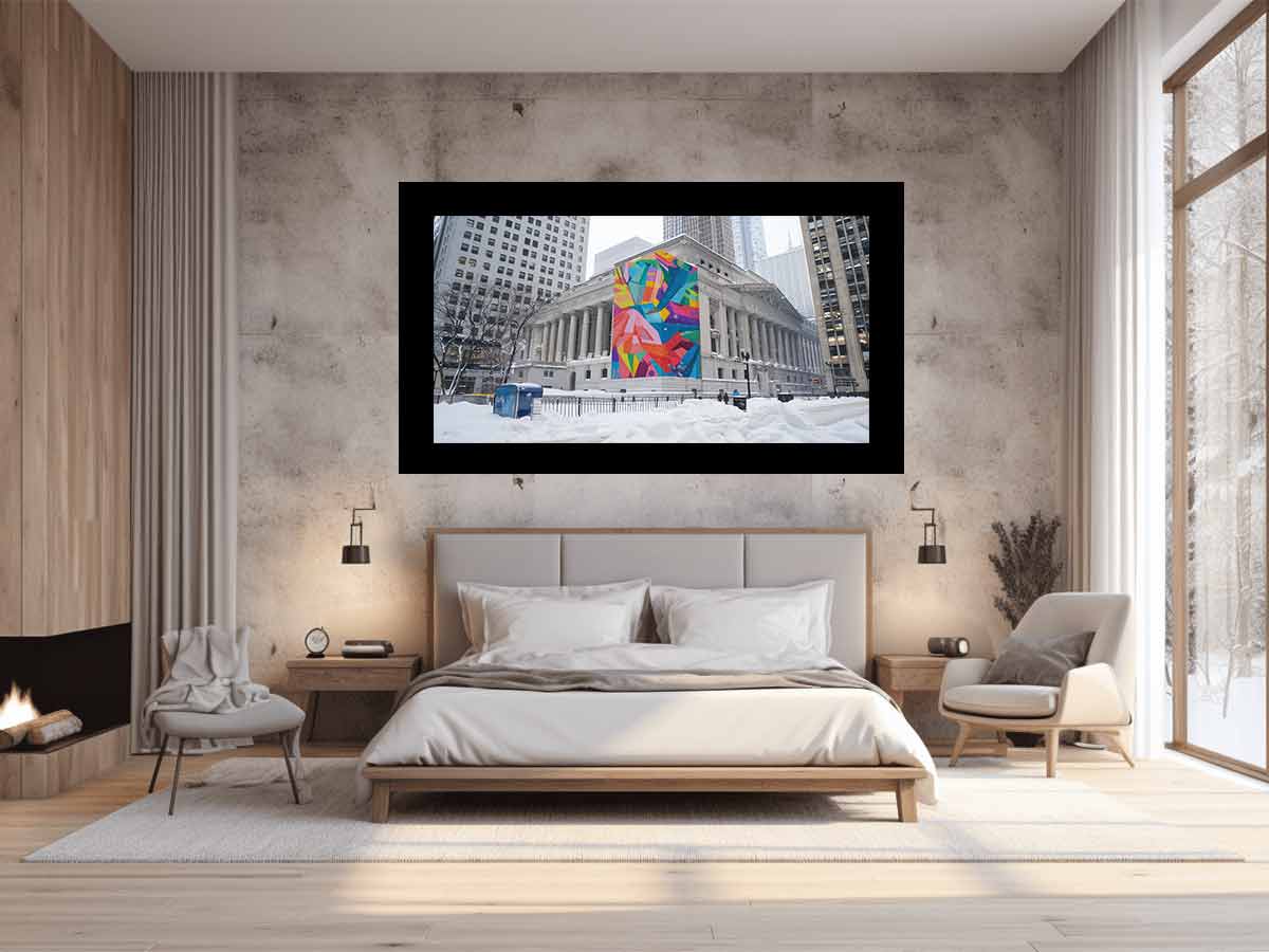 City architecture canvas print with colorful mural on snowy building for modern office decor.