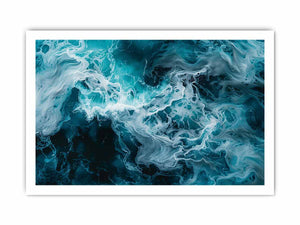 Ocean foam abstract canvas art in teal and white for coastal modern living room decor.