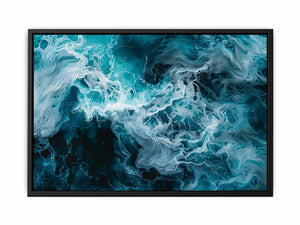 Ocean foam abstract canvas art in teal and white for coastal modern living room decor.