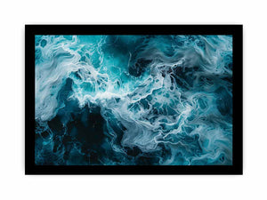 Ocean foam abstract canvas art in teal and white for coastal modern living room decor.