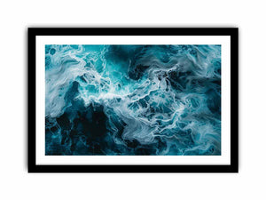 Ocean foam abstract canvas art in teal and white for coastal modern living room decor.