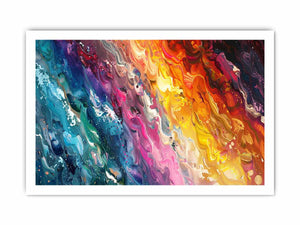 Colorful abstract paint canvas with teal, pink, orange, and yellow texture for bold living room decor.