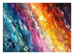 Colorful abstract paint canvas with teal, pink, orange, and yellow texture for bold living room decor.