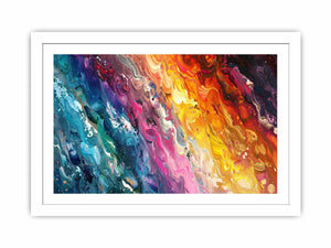 Colorful abstract paint canvas with teal, pink, orange, and yellow texture for bold living room decor.
