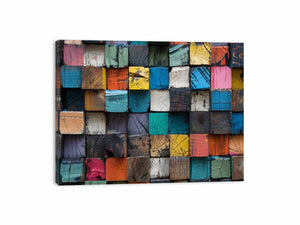 Rustic color block wood canvas art with stacked painted blocks for modern farmhouse decor.