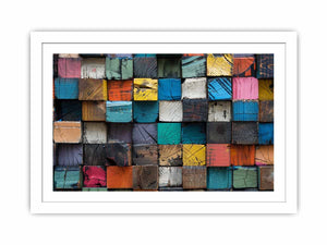 Rustic color block wood canvas art with stacked painted blocks for modern farmhouse decor.