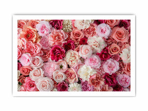 Pink floral canvas print with roses and layered blossoms for elegant bedroom wall decor.