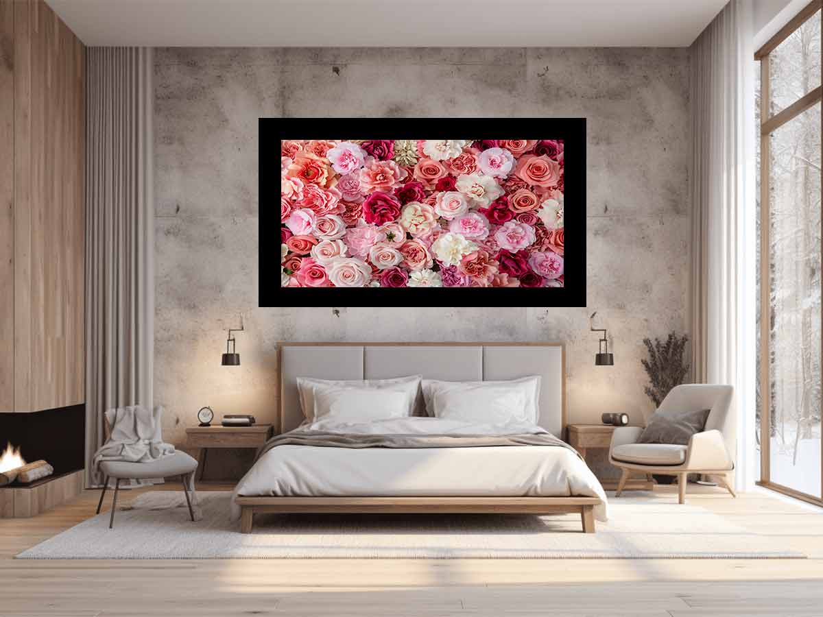 Pink floral canvas print with roses and layered blossoms for elegant bedroom wall decor.
