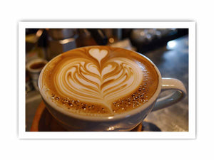 Latte art coffee canvas print with heart foam design for cozy kitchen and dining decor.