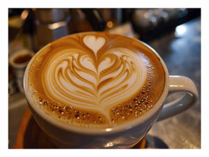 Latte art coffee canvas print with heart foam design for cozy kitchen and dining decor.