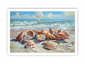 Seashells resting on a sunlit beach with rolling ocean waves for modern living rooms decor.