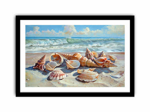 Seashells resting on a sunlit beach with rolling ocean waves for modern living rooms decor.