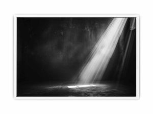 Dramatic black and white light beam entering a dark industrial room for modern living rooms decor.