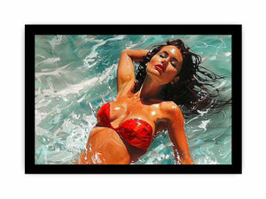 Glamorous woman in a red bikini floating through turquoise water for modern bedrooms decor.