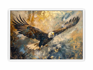 Bald eagle flying through an expressive gold and blue abstract sky for modern offices decor.