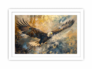 Bald eagle flying through an expressive gold and blue abstract sky for modern offices decor.