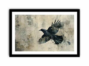 Black raven in flight against a weathered neutral wall for modern offices decor.