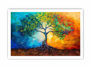 Vibrant tree with exposed roots across blue and orange abstract color fields for modern living rooms decor.