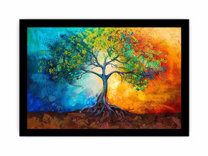 Vibrant tree with exposed roots across blue and orange abstract color fields for modern living rooms decor.