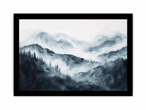 Soft blue gray mountain landscape with layered forest mist for modern bedrooms decor.