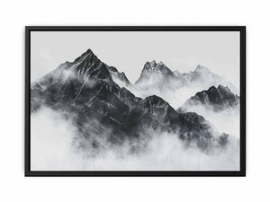 Black and white mountain range rising through soft atmospheric mist for modern living rooms decor.