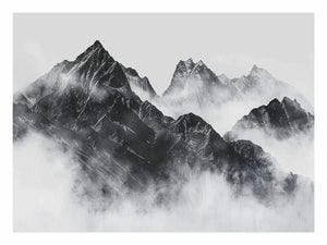 Black and white mountain range rising through soft atmospheric mist for modern living rooms decor.